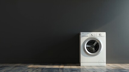 3D washing machine in an empty room with a blank black wall behind it.