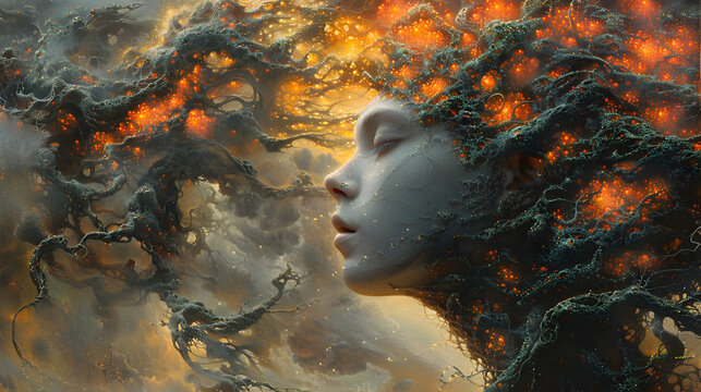 Woman Rooted in Flames A Fiery Portrait of Ethereal Foliage