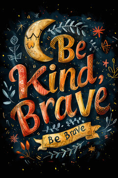 Illustration with a colorful lettering - Be kind be brave and leaves in chalk design style on a black background. The pattern is perfect for the design of posters, cards, banners, chalk boards