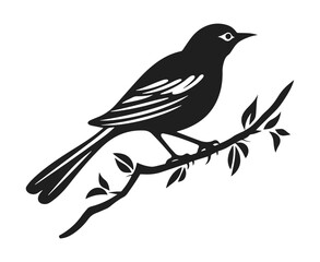 Obraz premium Bird on branch vector illustration. Small sparrow sitting on tree hand drawn black on white background. Spring nature decorative silhouette.
