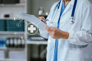 Doctor using digital tablet find information patient medical history at the hospital. Medical technology concept. - obrazy, fototapety, plakaty
