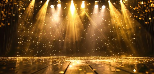 A stage with golden spotlights shining down, creating an atmosphere of mystery and grandeur - obrazy, fototapety, plakaty