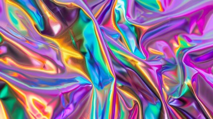 Modern bright neon purple, green, orange colored metallic foil texture. Abstract holographic background 80s, 90s, 2000s style. Psychedelic retro futurism panorama