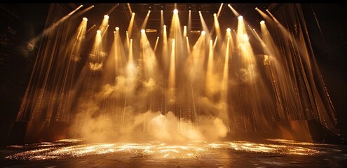 A stage with golden spotlights shining down, creating an atmosphere of mystery and grandeur