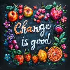Illustration with a colorful lettering - Change is good and fruits in chalk design style on a black background. The pattern is perfect for the design of posters, cards, banners, chalk boards