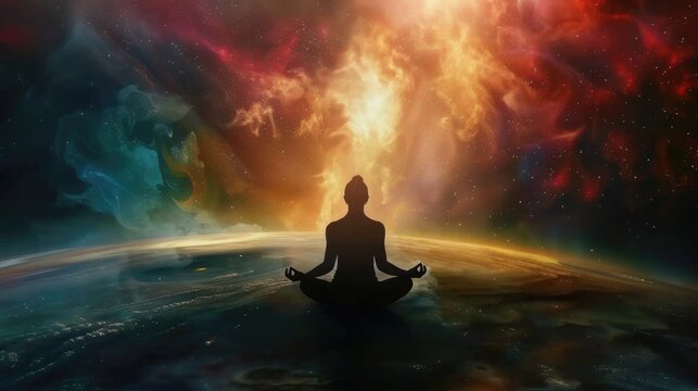 Figure in lotus position, 783 Hz Schumann resonance waves enveloping, grounding meditation