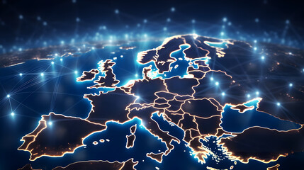 Abstract digital map of Western Europe highlights the concept of European global network, connectivity, data transfer,information exchange, and telecommunication