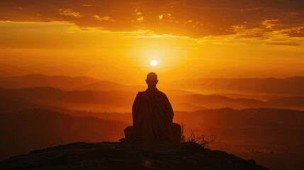 A monks silhouette against the setting sun on a mountain, symbolizing enlightenment and peace - obrazy, fototapety, plakaty
