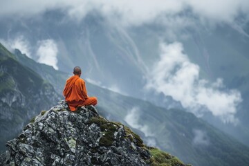 A lone monk meditates on a high mountain, a symbol of spiritual elevation and solitude
