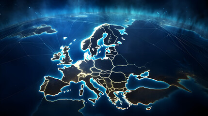 Abstract digital map of Western Europe highlights the concept of European global network, connectivity, data transfer,information exchange, and telecommunication
