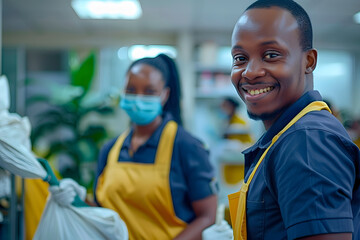 A smiling pair of African American cleaners are cleaning the room