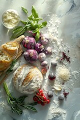 Italian cuisine food and ingredients on rustic countertop background. Overhead view. Natural lighting.