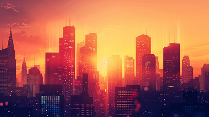 City Skyline Sunset: Dynamic Silhouettes and Warm Hues - obrazy, fototapety, plakaty
