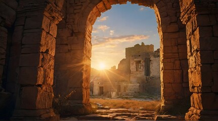 Explore ancient archaeological castle during the golden hour : historic city - obrazy, fototapety, plakaty
