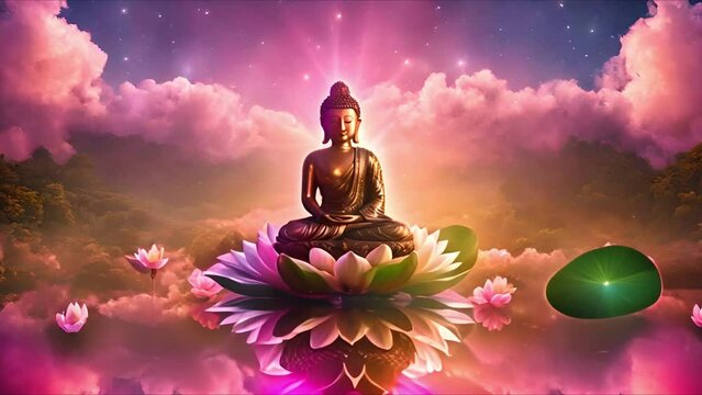 A high-resolution digital art piece, featuring Buddha in a meditative pose on a lotus flower. The image is imbued with a radiant aura that adds a mystical touch. The background, reminiscent of the dra