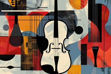 A minimal and dynamic design with large shapes of musical instruments.