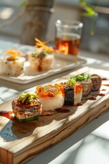 Japanese cuisine sushi on wooden plate. Close up view with natural lighting.