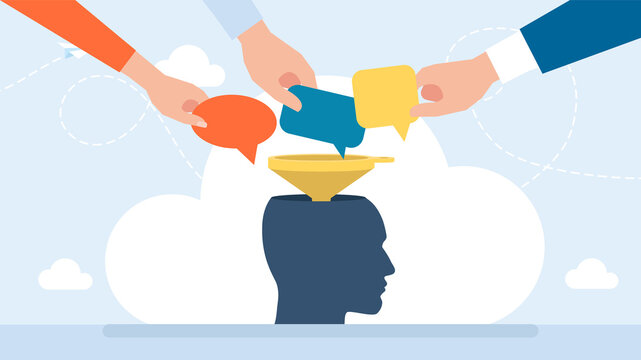 People's hands put their thoughts in an open head. Influence of views of the environment. Business people refilling a brain their things. Filling the brain with information. Flat illustration