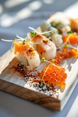 Japanese cuisine sushi on wooden plate. Close up view with natural lighting.