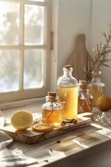 Fresh citrus juice in glass on sun-lit rustic kitchen counter top still life.