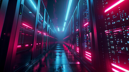 Neon-lit server racks in a data center room. - obrazy, fototapety, plakaty