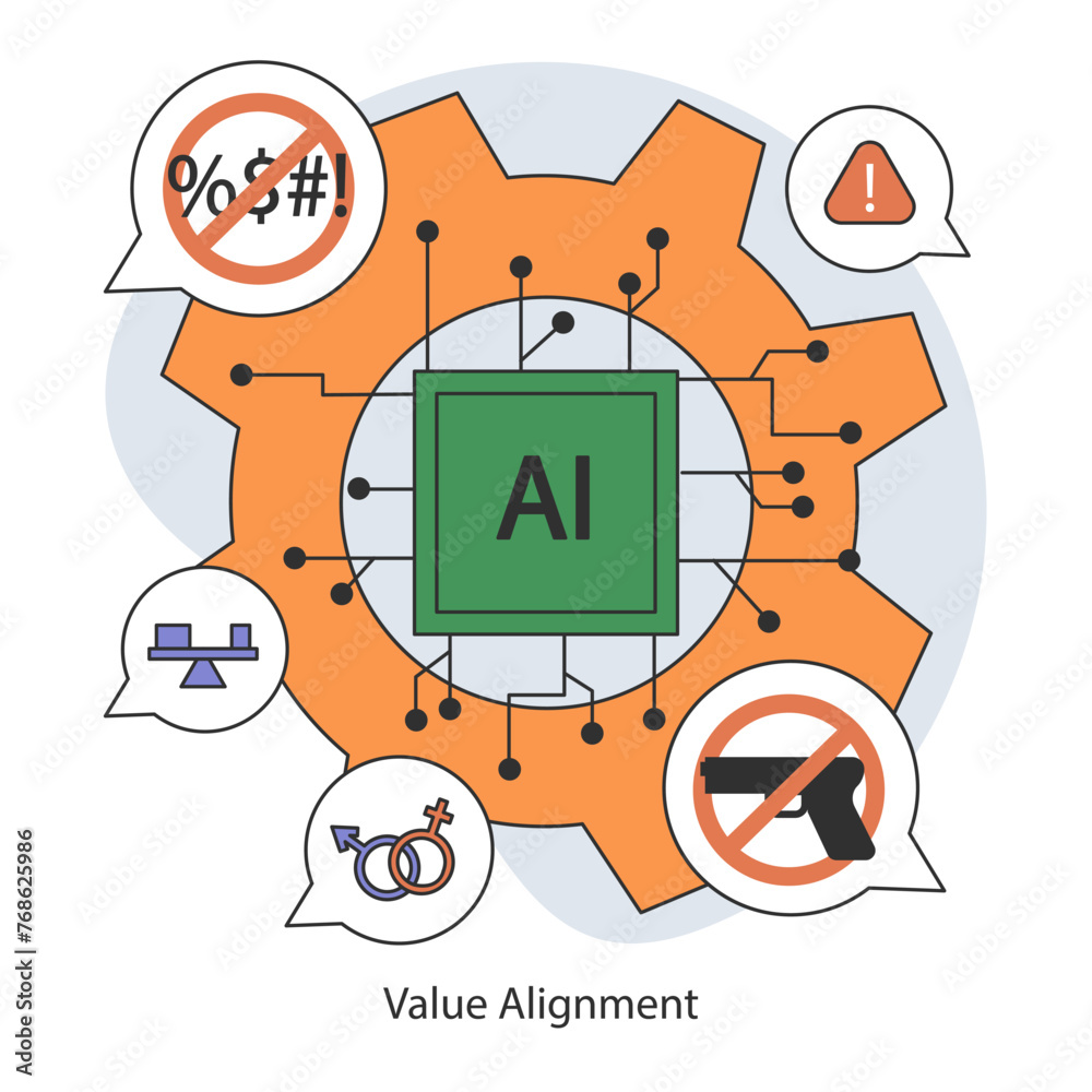 Wall mural ai ethics. artificial intelligence chip surrounded by symbols of value alignment