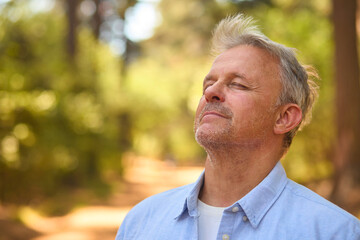 Peaceful Senior Man Relaxing Standing Amongst Nature In Forest Surrounded By Trees With Closed Eyes