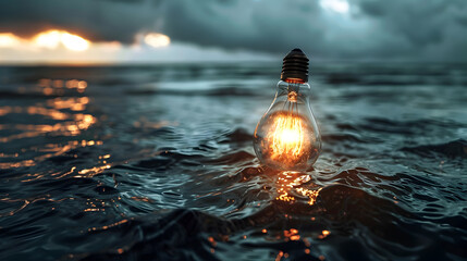 Innovative Light Bulb Floating on Endless Ocean at Sunset