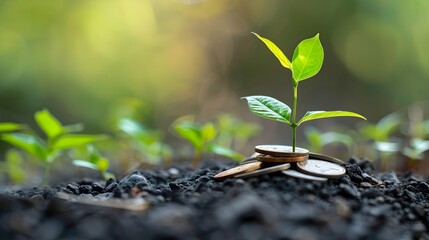 Financial Growth Through Sustainable Practices A Green Sprout Surrounded by Coins