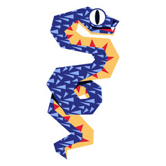 Snakes 2025 is blue and geometric writhing in texture. The isolated sinuous snake is large. Flat style modern vector illustration. The animal of 2025 with big eyes on a white background