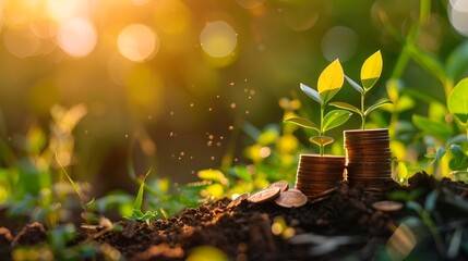 Financial Growth Through Sustainable Investment Coins Sprouting Plants from the Ground Surrounded by Lush Greenery and Sunlight - obrazy, fototapety, plakaty