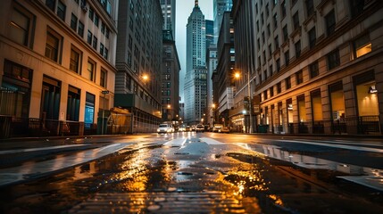 Rainy Evening on Wallstreet A Cinematic Reflection of Financial Investment Ideas - obrazy, fototapety, plakaty