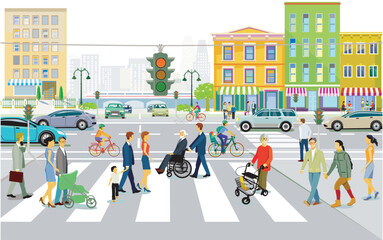 Stadtsilhouette einer Stadt mit Verkehr und Menschen,  illustration