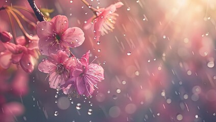 Spring rain falling on peach blossoms, with a blurred background