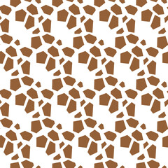 The pattern is an abstract geometric shape imitation of giraffe skin. The broken shape of large brown spots of figures on a white background. Simple chaos in a seamless texture. Animal Texture