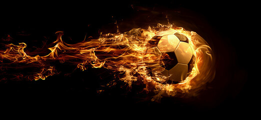 Fast kicked soccer ball burning and flying at excessive speed, black background.