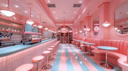 Modern retro-style patisserie café interior with pastel colors and chic dessert presentation.