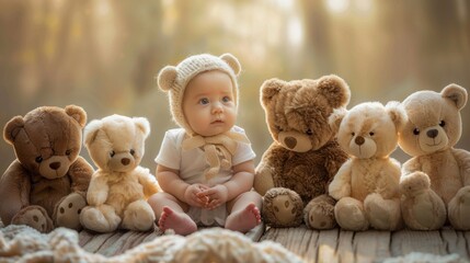 A baby sits in the middle of a group of teddy bears - obrazy, fototapety, plakaty