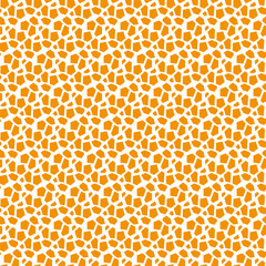The pattern is an abstract geometric shape imitation of giraffe skin. The broken shape of small orange figures on a white background. Simple chaos in a seamless texture. Animal Texture