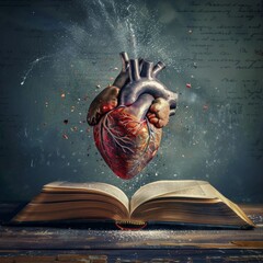 Dramatic artwork capturing a human heart bursting with energy above an open book, signifying a powerful emotional or intellectual epiphany.