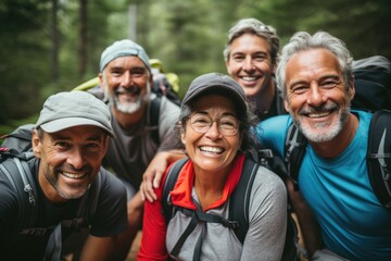 A diverse group of senior hikers resting on a trail, surrounded by nature, showcasing their love for outdoor activities and the serene beauty of their surroundings.