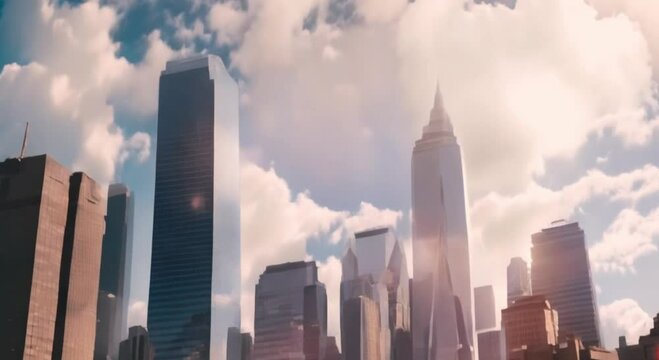 3d view of tall skyscrapers in the city, sunny and cloudy