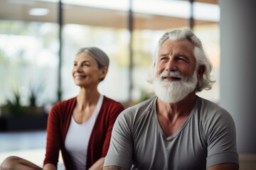 Senior individuals in a yoga class, striking various poses, emphasizing their dedication to fitness and well-being, conveying a sense of tranquility and strength.