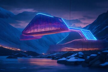 illustration of lighted futuristic modern trapeze building located in rocky mountainous area...
