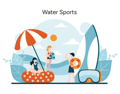 Vibrant characters partake in beachside activities, depicting the excitement of water sports under the summer sun
