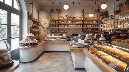A bakery interior, simple design, modern and bright. Generative AI. - obrazy, fototapety, plakaty