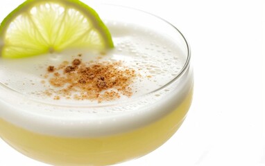 Close up of pisco sour cocktail drink isolated on white background