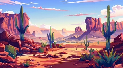 arid Desert Landscape With Mountains and Cactus Trees - obrazy, fototapety, plakaty