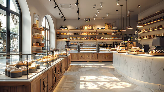 A bakery interior, simple design, modern and bright. Generative AI.