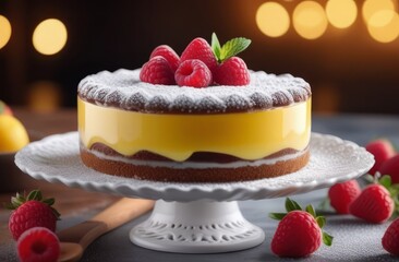 A cake with fresh raspberries stands on a beautiful white stand.